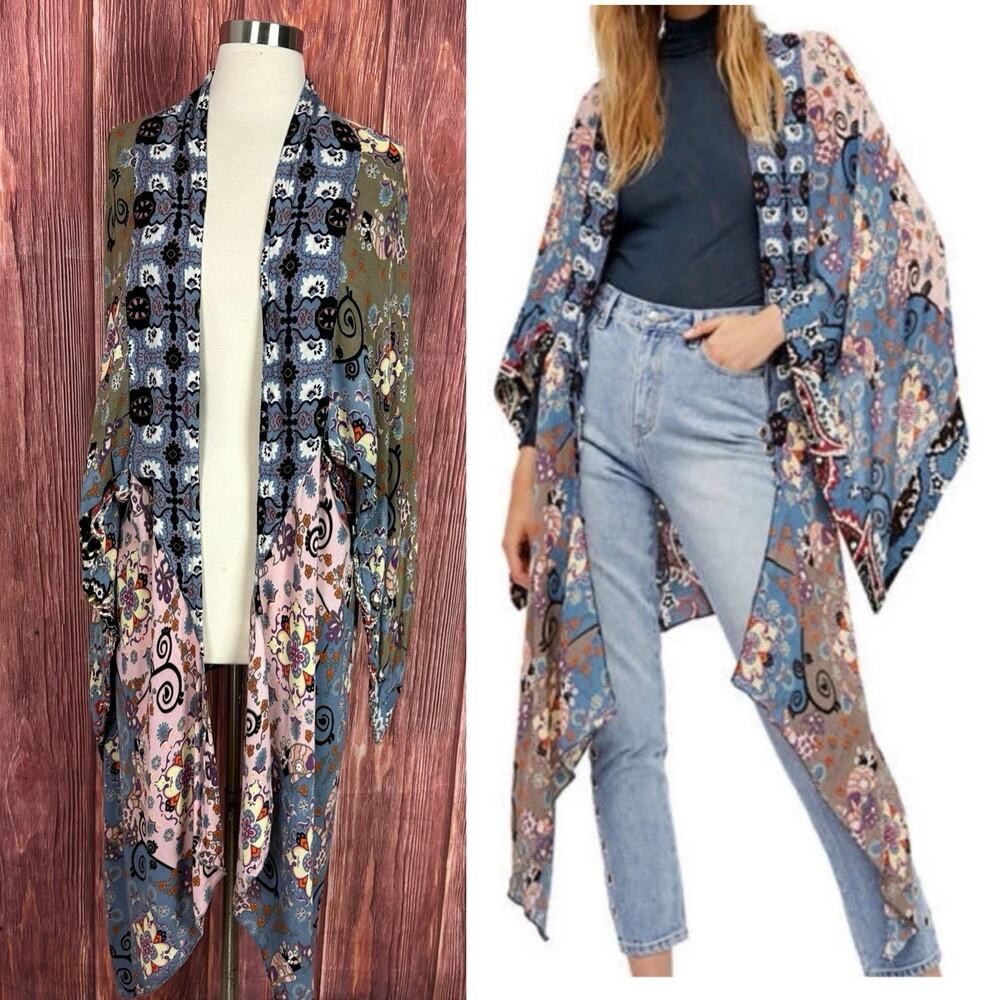 Free People All Tous Kimono Womens One Size Blue Multi Print Duster Boho